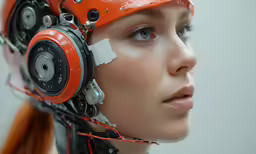 a female is wearing a mechanical helmet and a plastic face