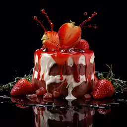 a red cake covered in white icing, strawberries and berries