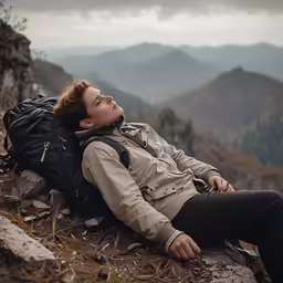 woman with a backpack laying on top of a rock