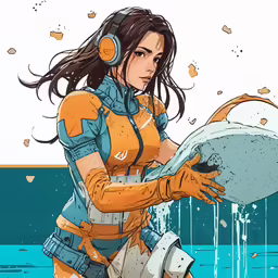 a girl in headphones standing on the ground, holding a large white thing