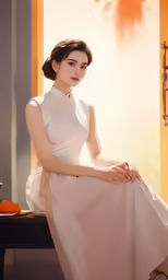 a woman in white sitting on a bench wearing a long dress