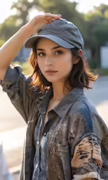 a woman in a hat on top of her head
