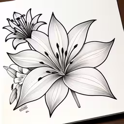 a drawing of a white lily flower on a paper,a drawing of a flower with white petals,a flower drawing on paper with pencils on top of it,some flowers drawing is on a paper on the table,the flower on the drawing is black and white