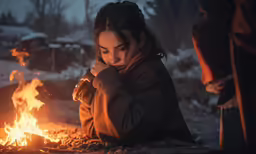 woman praying over a campfire at night