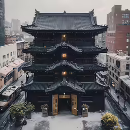 an oriental building sits on top of a city