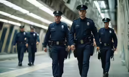 three police officers walking down the street