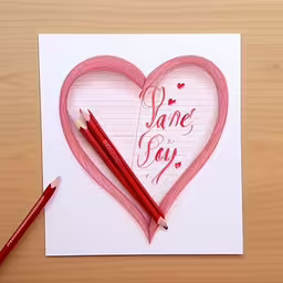 red pencils and a heart - shaped card for a girlfriend,a card with a red pen, a white paper and some writing on it,two pencils are laying next to a heart shape card,a pencil and heart shaped card that says i love you,heart shape paper with two pencils on top