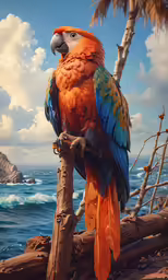 colorful tropical bird perched on tree next to the ocean