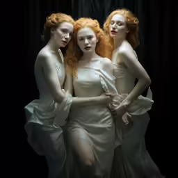 three beautiful women with red hair are posed in white dresses