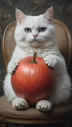 a cat sitting on a chair with a large apple