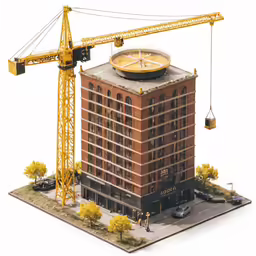 a miniature yellow crane on top of an apartment building
