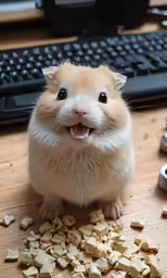 small hamster standing on top of wooden pieces