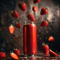 a glass jar is full of strawberries falling in the air