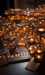 a room full of lit candles surrounded by small boxes