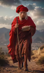 a woman wearing a red outfit carrying a wooden stick