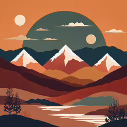 a painting with mountains in the background,a painting depicting mountains and trees with a full moon