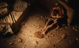 a woman laying down with her leg up next to a wooden plate