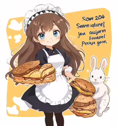 a girl in an apron holding sandwiches
