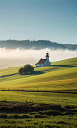 the small white church is situated on top of the grassy hill