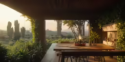 an empty table on the outside deck of an outdoor space