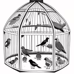 a bird cage with many small birds inside,black and white illustration of birds inside a cage,a bunch of birds inside of a birdcage,an old birdcage drawing shows many birds inside it,the birds are standing in the cage, looking at each other