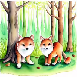 two orange foxes stand next to some trees,a painting of two foxes by some trees,the two foxes stand next to each other under some trees,two foxes are standing beside some trees in the woods,a watercolor painting of two fox puppies standing near a tree
