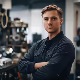 a man stands in a workshop with his arms crossed
