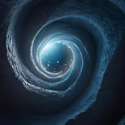 a blue spiral shaped tunnel with the light coming from it