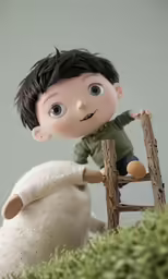 a small kid is climbing a ladder to collect his sheep