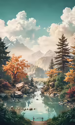 a painting of a pond surrounded by mountains and trees