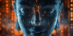 futuristic face with blue skin and dots