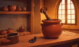 an orange pot on top of a table,a small clay pot has an open lid with a spoon sticking out