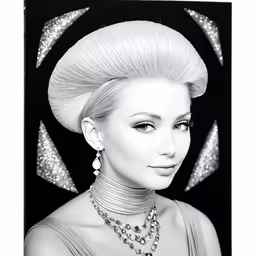 a lady with big hair wearing a dress and jewelry
