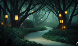 a pathway in the woods lit with lanterns