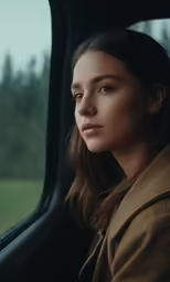 a woman looking out the window in the rain