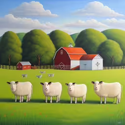 a painting of sheep in a field near the farm,three sheep are standing in a grassy field