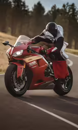 a person on a red and gold motorcycle on a road