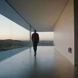 a man walking down a hallway next to a very tall building