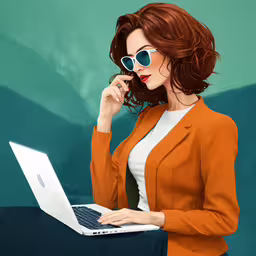 a woman in sunglasses and jacket with a laptop,a stylized woman with glasses using her laptop computer