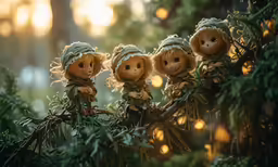 three cute little dolls are sitting in a tree