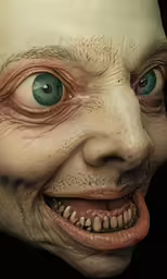 an evil looking head with blue eyes