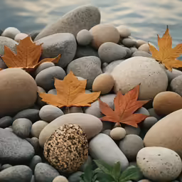two leaf shaped stones and some leaves next to a body of water