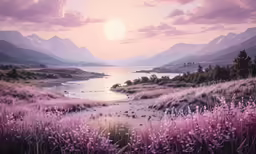 a painting of the sun setting over some flowers