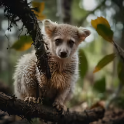a baby bear standing on a tree limb