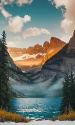 fog hangs from the top of mountains near a lake