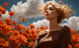 a woman standing in a field of flowers with her hair flying in the wind