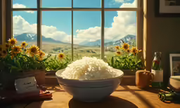 the bowl of rice is sitting next to the windowsill