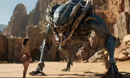 a sci - fidg walks in front of a giant alien monster