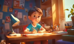 a young boy writes on paper while sitting at his desk