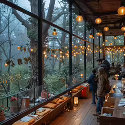 some people standing inside a long room and looking at some food